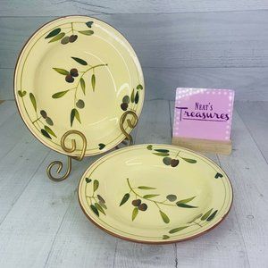 Home TERRA COTTA OLIVE BRANCH Purple Green Yellow Rim Soup Cereal Bowls Set 2